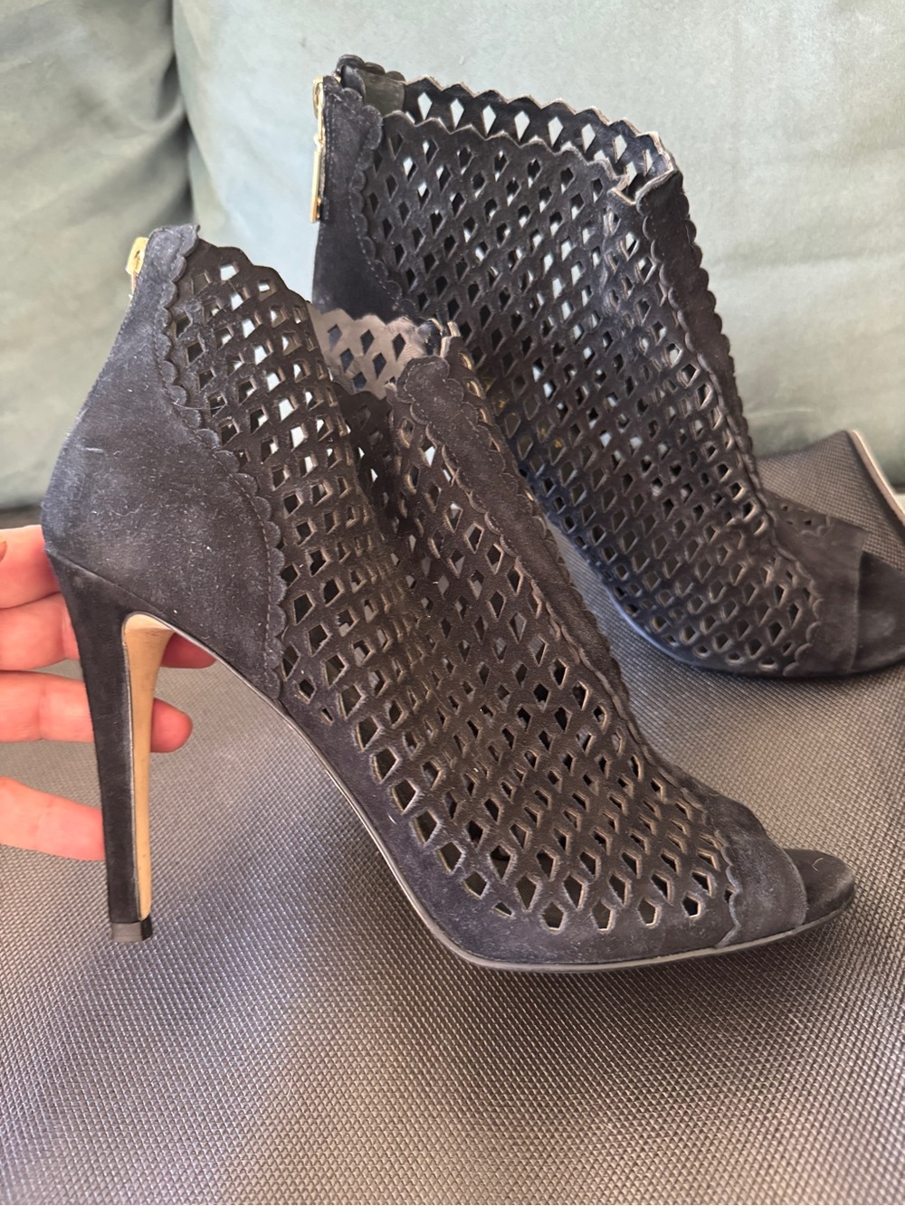 Ivanka Trump Perforated Suede Peep-Toe Booties – Black, Size 9.5